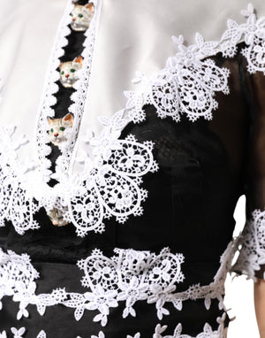 Black White Silk Macrame Lace Midi Dress