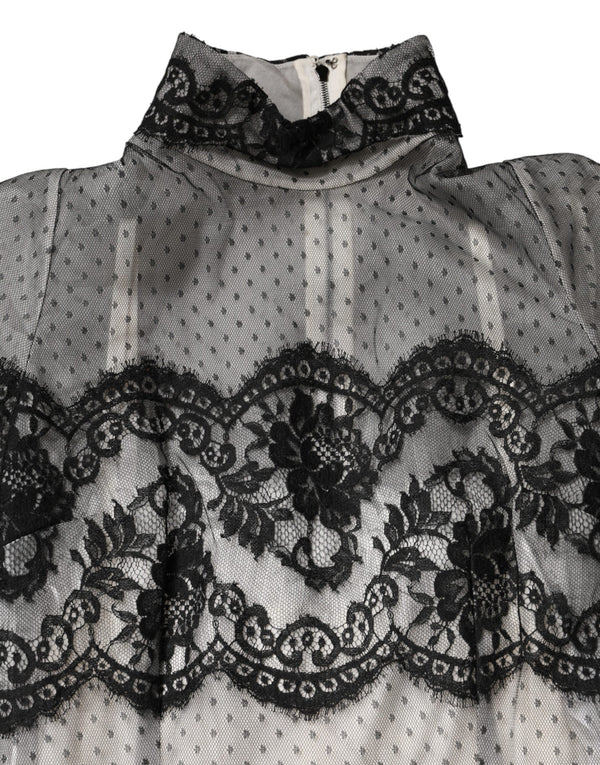 Black White Lace Silk Blend MaxiSheath Dress
