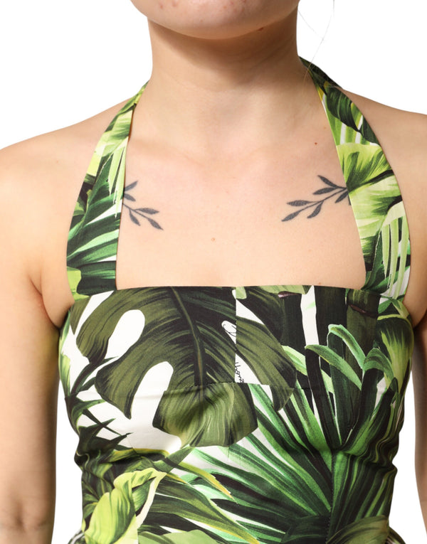 Green Leaves Print Cotton Halter Midi Dress