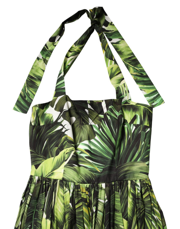 Green Leaves Print Cotton Halter Midi Dress