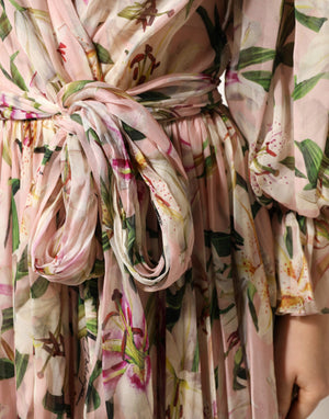 Pink Lily Print A-line Pleated Maxi Dress