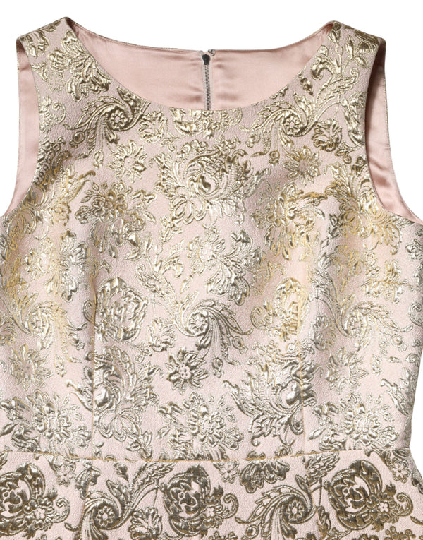 Beige Gold Floral Brocade Sleeveless Dress