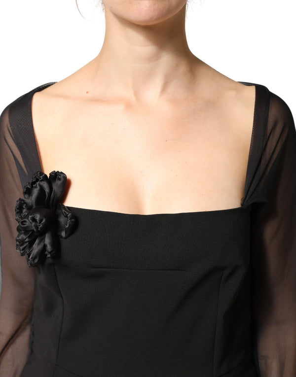 Black Sheer Yoke Rosette Sheath Midi Dress