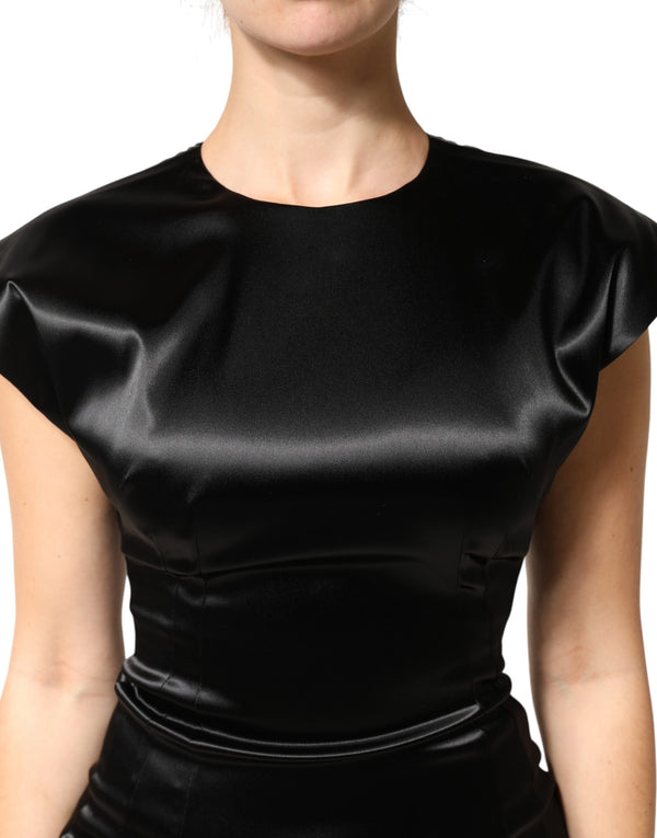 Black Satin Sheath Midi Cap Sleeves Dress