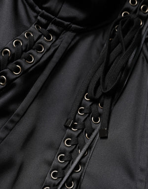 Black Satin Acetate Lace Eyelets Mini Dress