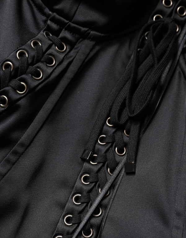Black Satin Acetate Lace Eyelets Mini Dress