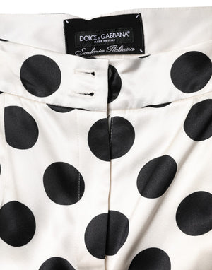White Black Polka Dot Silk Mid Waist Cropped Pants