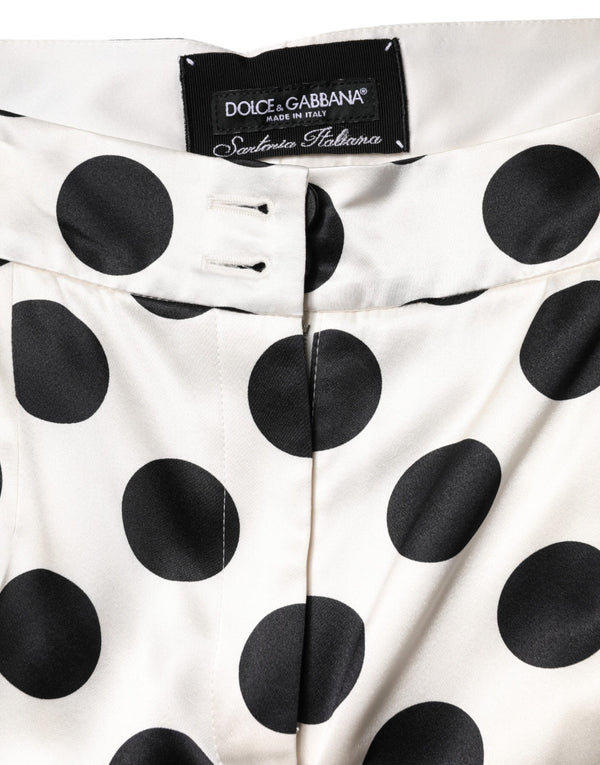 White Black Polka Dot Silk Mid Waist Cropped Pants