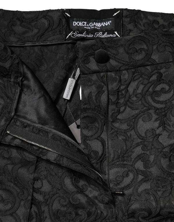 Black Floral Brocade High Waisted Trouser Pants
