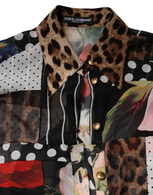 Multicolor Patchwork Silk CollaredBlouse Top