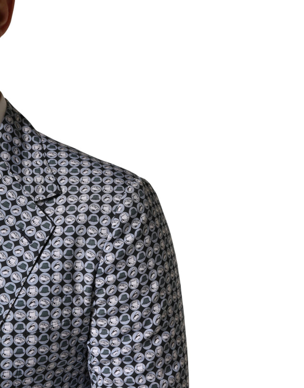 Blue Cotton Patterned Single Breasted Blazer