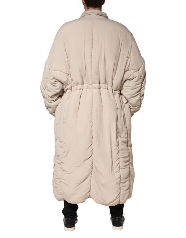 Beige Padded Collared Long Trench Coat Jacket