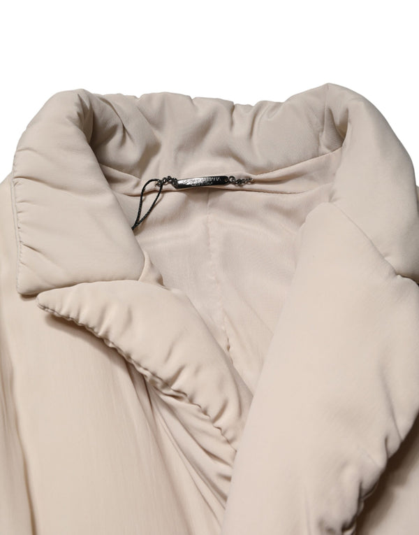 Beige Padded Collared Long Trench Coat Jacket