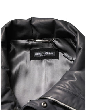 Black Leather Collared Trench Coat Jacket