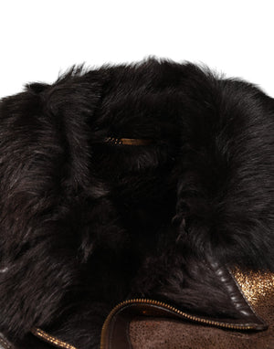 Bronze Leather Fur Full Zip Men Biker Jacket
