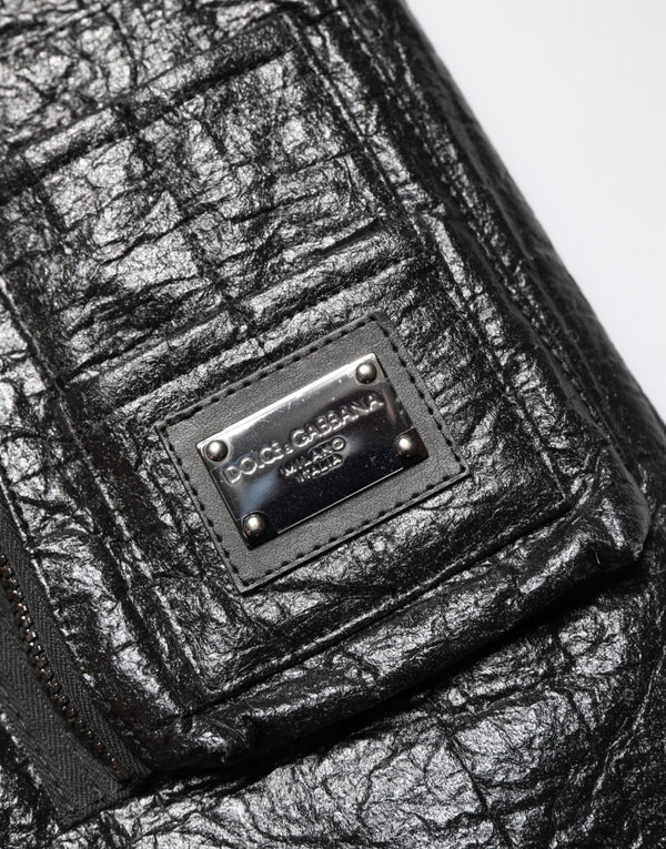 Black Cellulose Leather FullZip Biker Jacket