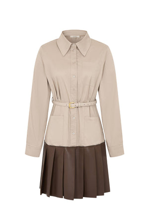 Belted Mixed-Media Pleated Shirt Dress
