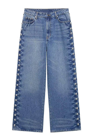 Pearl Embellished Wide-Leg Denim Jeans