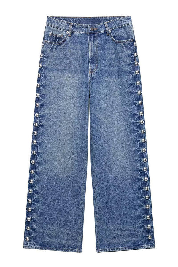 Pearl Embellished Wide-Leg Denim Jeans