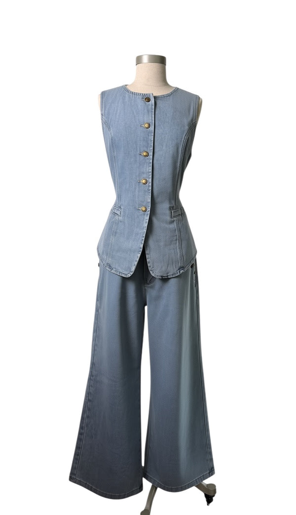 Denim Button-Front Vest & Wide-Leg Jeans Set