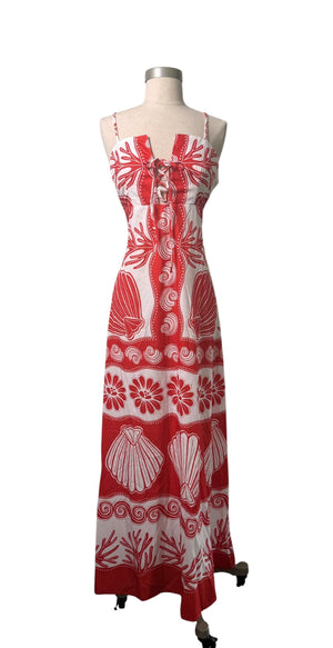 Coastal Seashell Print Lace-Up Maxi Dress