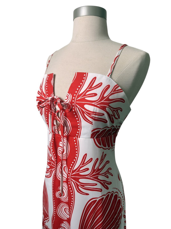 Coastal Seashell Print Lace-Up Maxi Dress