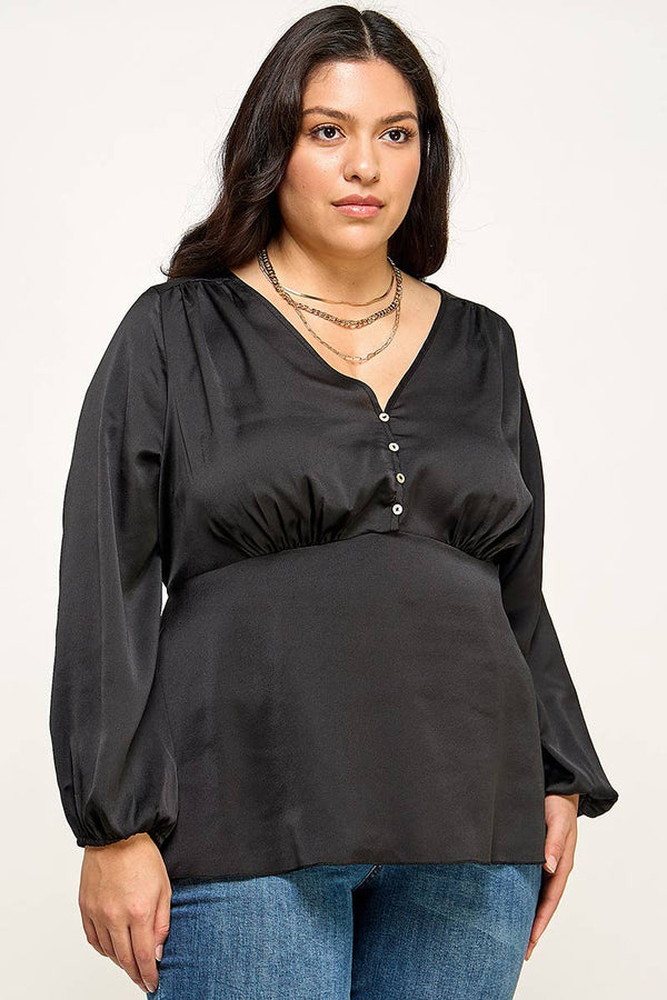 Plus size Black Satin Babydoll Blouse KY18250-T