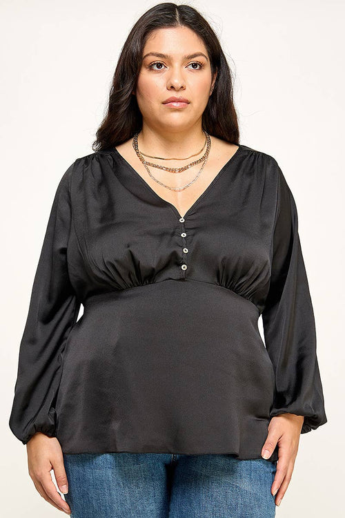 Plus size Black Satin Babydoll Blouse KY18250-T