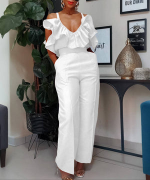 Stylish V-Neck Ruffled Halter Top High-Waisted Pantsuit Fun