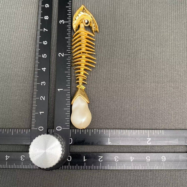 18K Gold-Plated Pearl Fishbone Drop Earrings