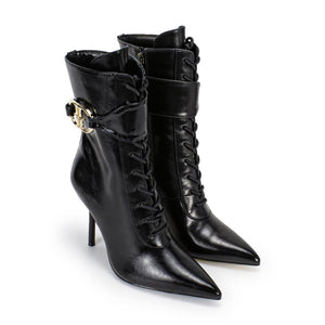 Valentina Lace-Up Stiletto Ankle Boots with Gold Buckle