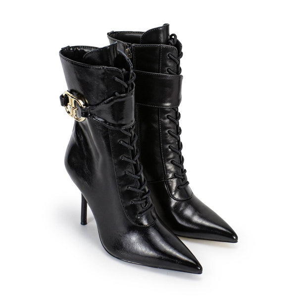 Valentina Lace-Up Stiletto Ankle Boots with Gold Buckle