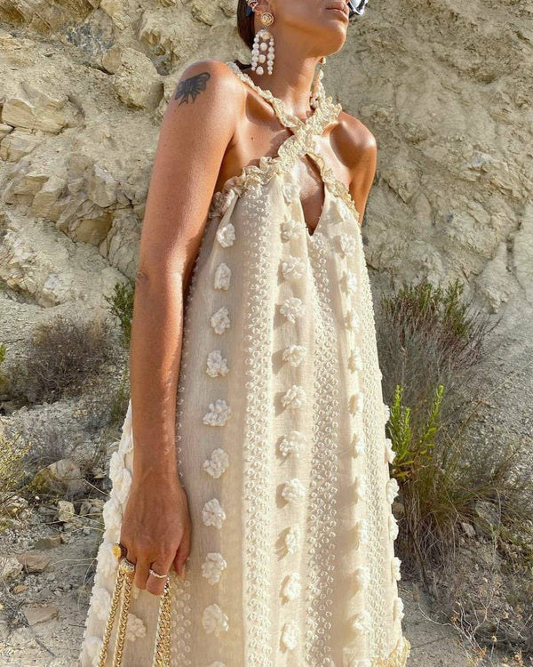 Halterneck Three-Dimensional Flower Cake Dress