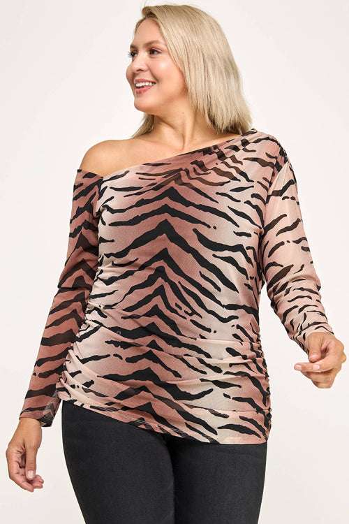 Ruched Zebra Print Off-Shoulder Top