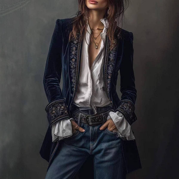 Women's Long Sleeve Solid Color Lace Velvet Jacket