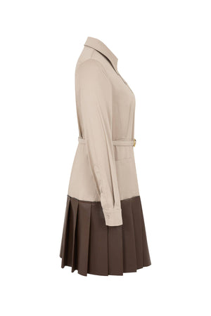 Belted Mixed-Media Pleated Shirt Dress