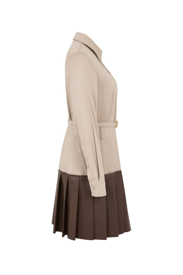 Belted Mixed-Media Pleated Shirt Dress