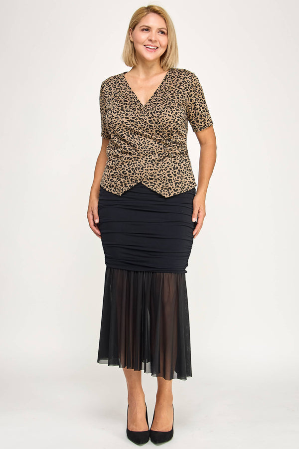 Ruched Mesh Mermaid Midi Skirt