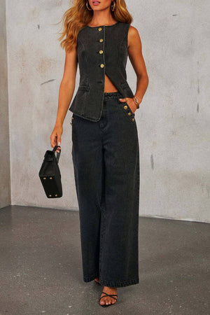 Smart sophisticated Buttons down Split Hem Denim vest top