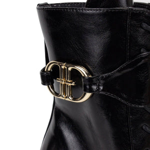 Valentina Lace-Up Stiletto Ankle Boots with Gold Buckle