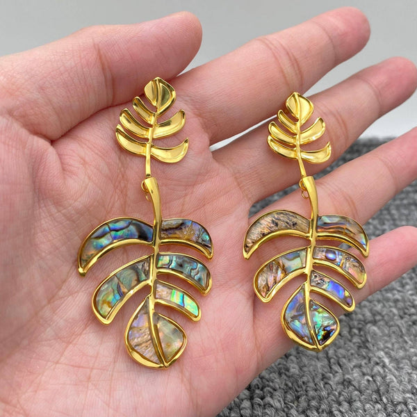 Gold Abalone Monstera Leaf Statement Earrings