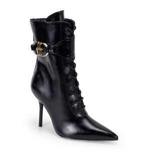 Valentina Lace-Up Stiletto Ankle Boots with Gold Buckle