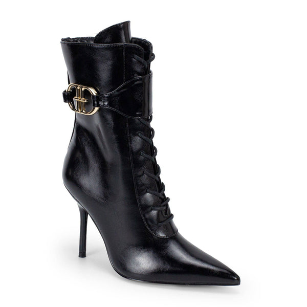 Valentina Lace-Up Stiletto Ankle Boots with Gold Buckle