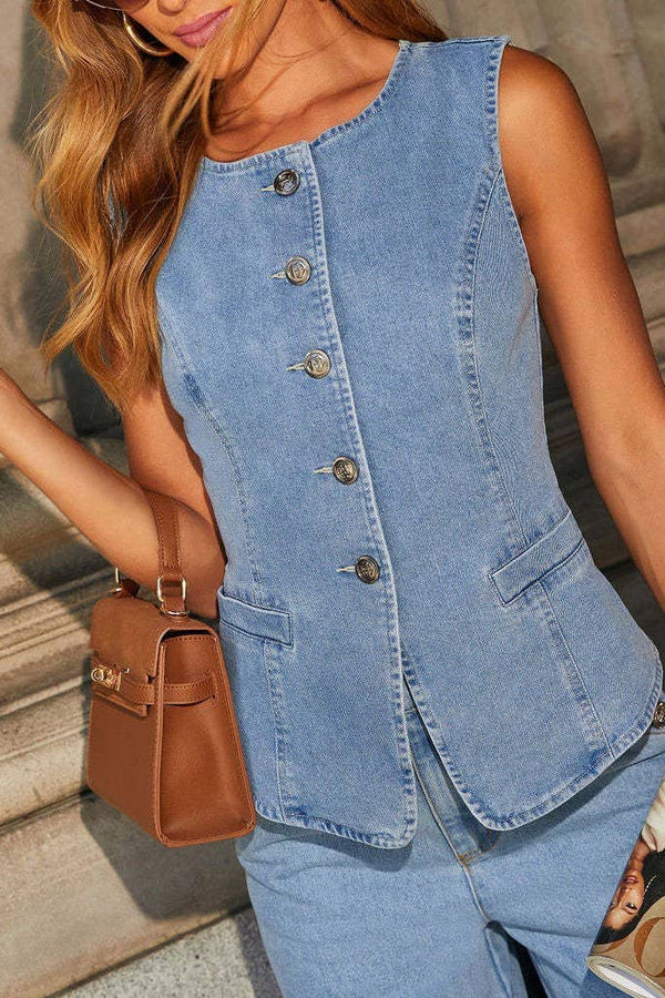 Smart sophisticated Buttons down Split Hem Denim vest top