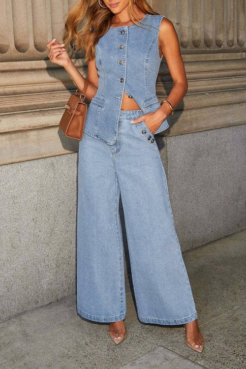 Smart sophisticated Buttons down Split Hem Denim vest top