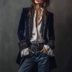 Women's Long Sleeve Solid Color Lace Velvet Jacket