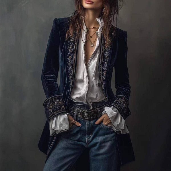 Women's Long Sleeve Solid Color Lace Velvet Jacket