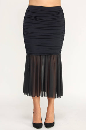 Ruched Mesh Mermaid Midi Skirt