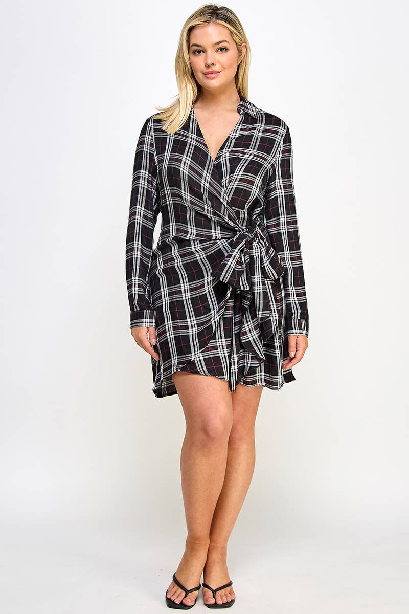 Plaid Wrap Tie Mini Dress
