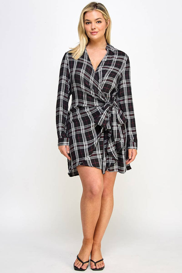 Plaid Wrap Tie Mini Dress